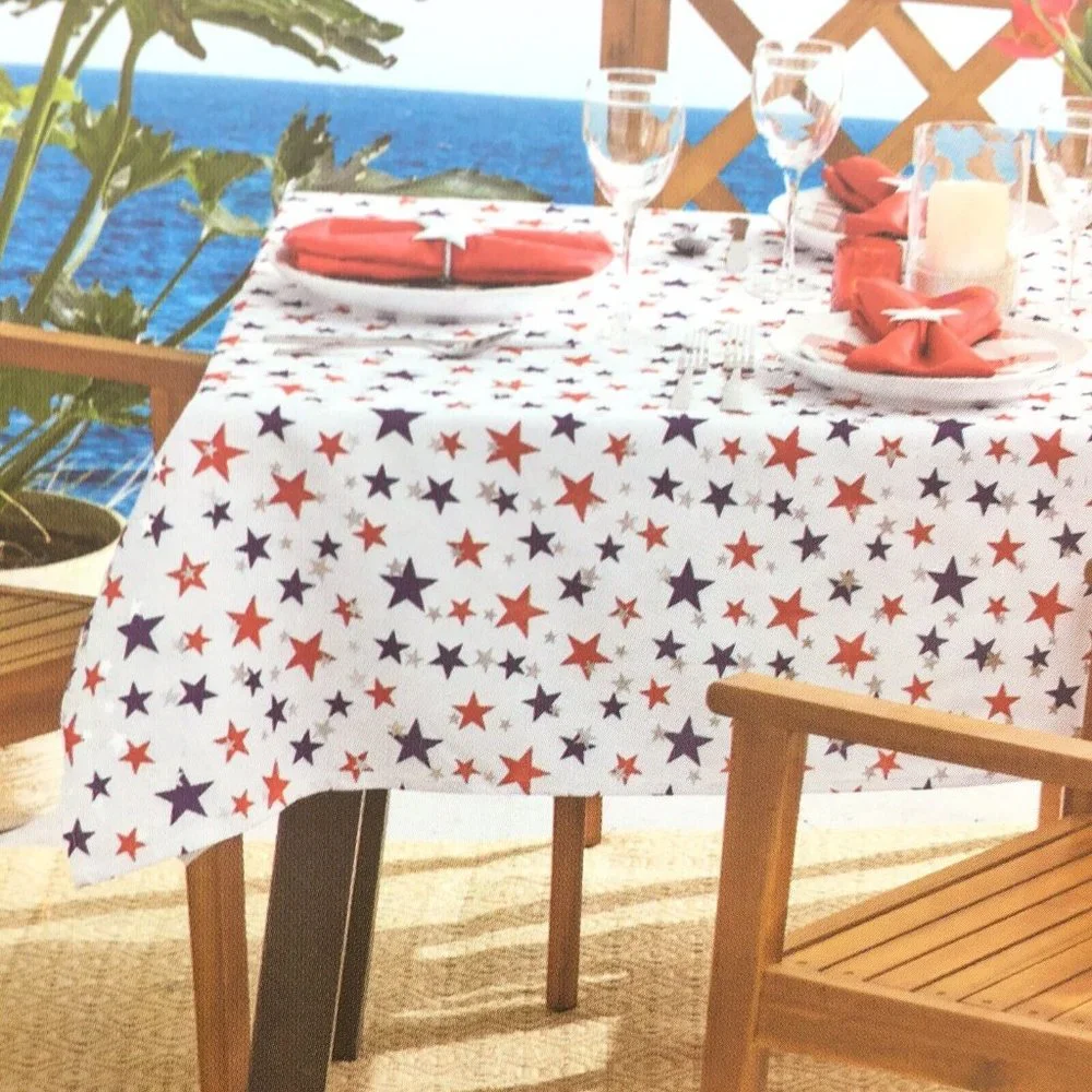 Nautica July 4th Star Tablecloth 60x104 Patriotic Silver Foil Red Blue Outdoor